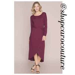 5⭐️ Long Sleeve Midi Dress with Tulip Hem - PLUM purple